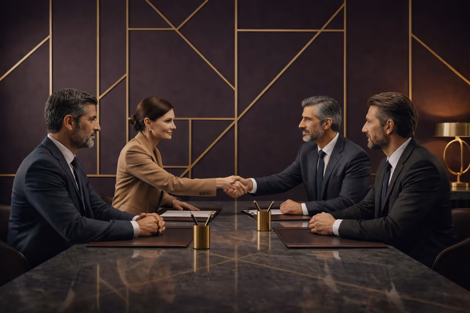 Two men and two women in formal business attire sitting at a table, with one woman and one man shaking hands across the table in a professional setting.