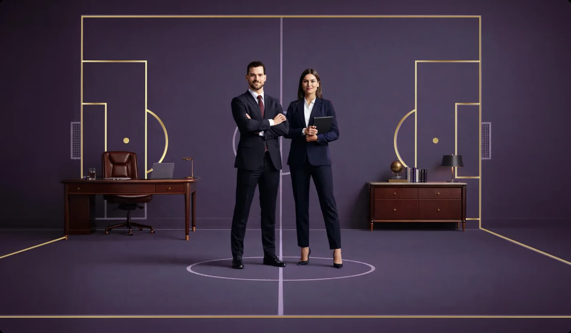 Woman in a green suit standing at a marble table speaking to a seated man and woman in business attire during a meeting.