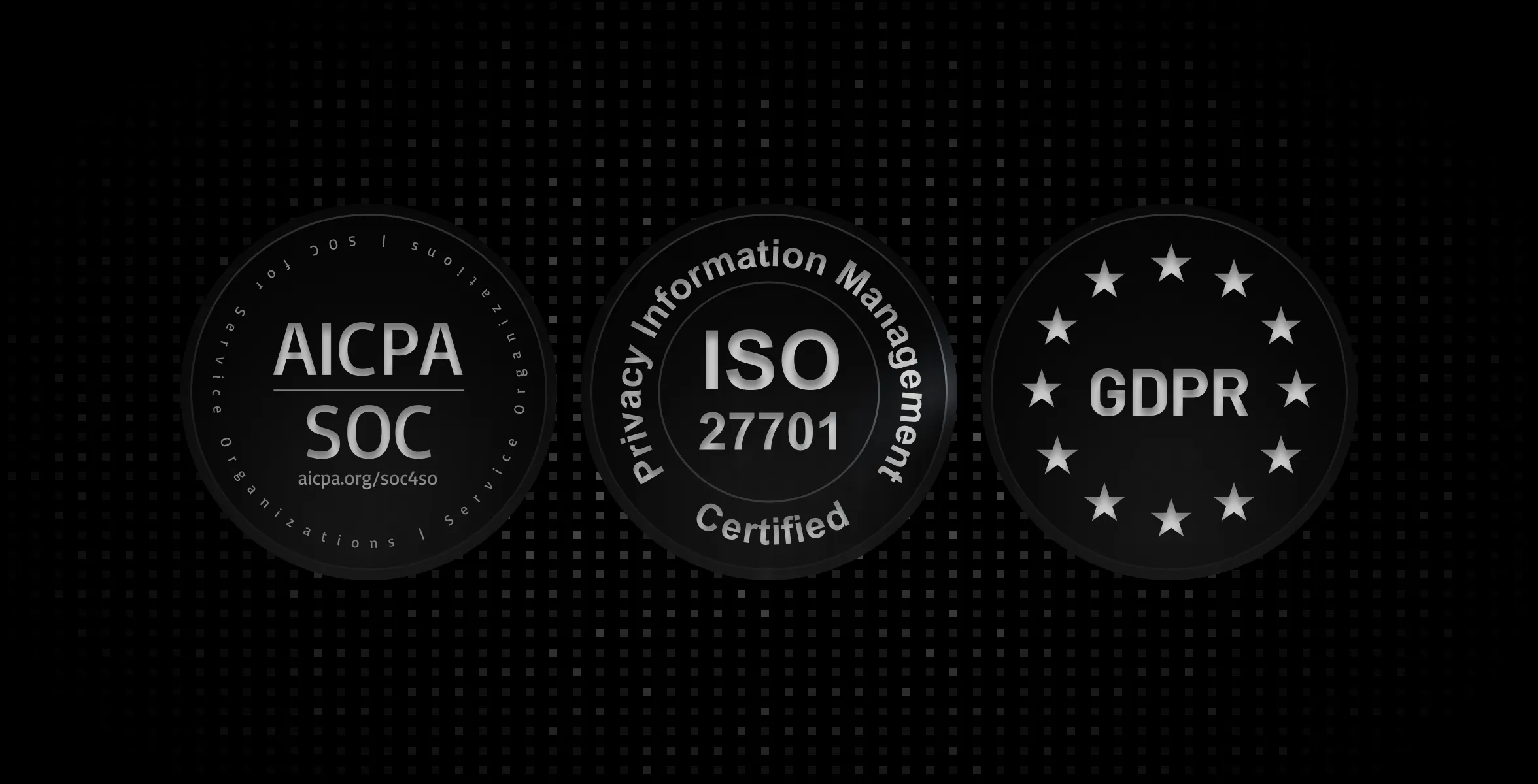 Three black circular security badges displaying AICPA SOC, ISO 27701 Privacy Information Management Certified, and GDPR surrounded by stars.