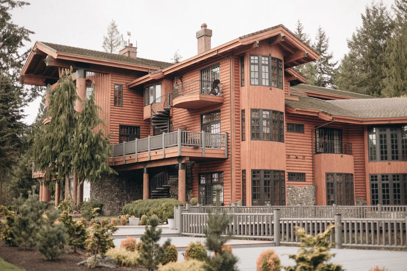 View from the deck of the luxury lodge at Scimitar, a three story log mansion.