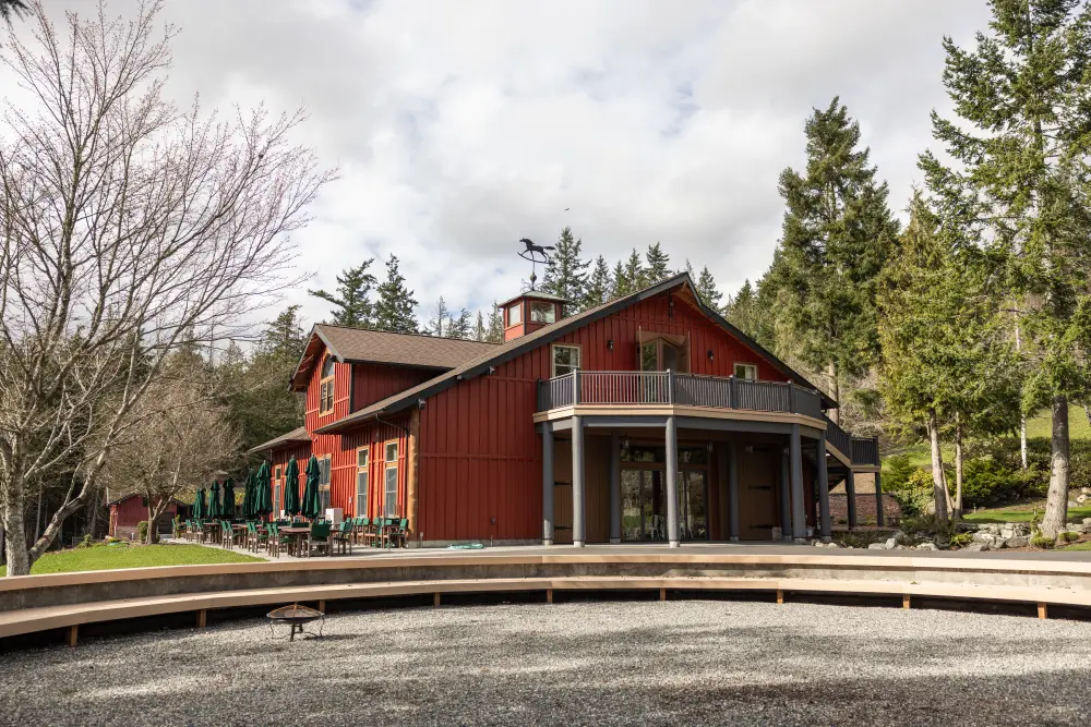 Red barn building nicknamed The Ark: holds lodging housing for large group retreat visitors in Anacortes, WA.