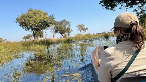 Eine Frau von hinten in einem Mokoro im Wasser des Okavango Deltas