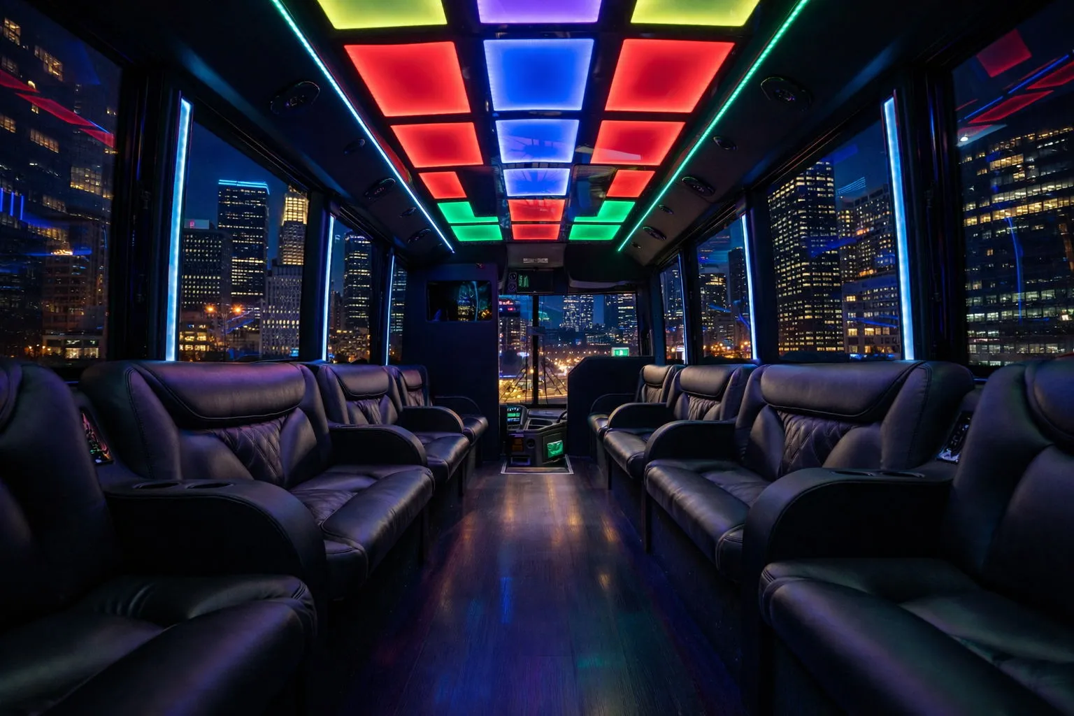 Inside a luxury bus with black leather seats, colorful ceiling lights, and cityscape views at night.