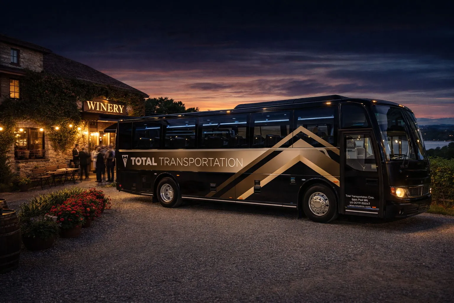 Black Total Transportation bus parked outside a winery at sunset with people gathered near the entrance.