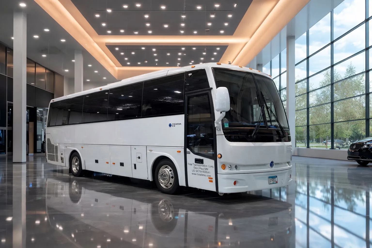 White tour bus parked inside a modern glass-walled building with polished floors and bright ceiling lights.