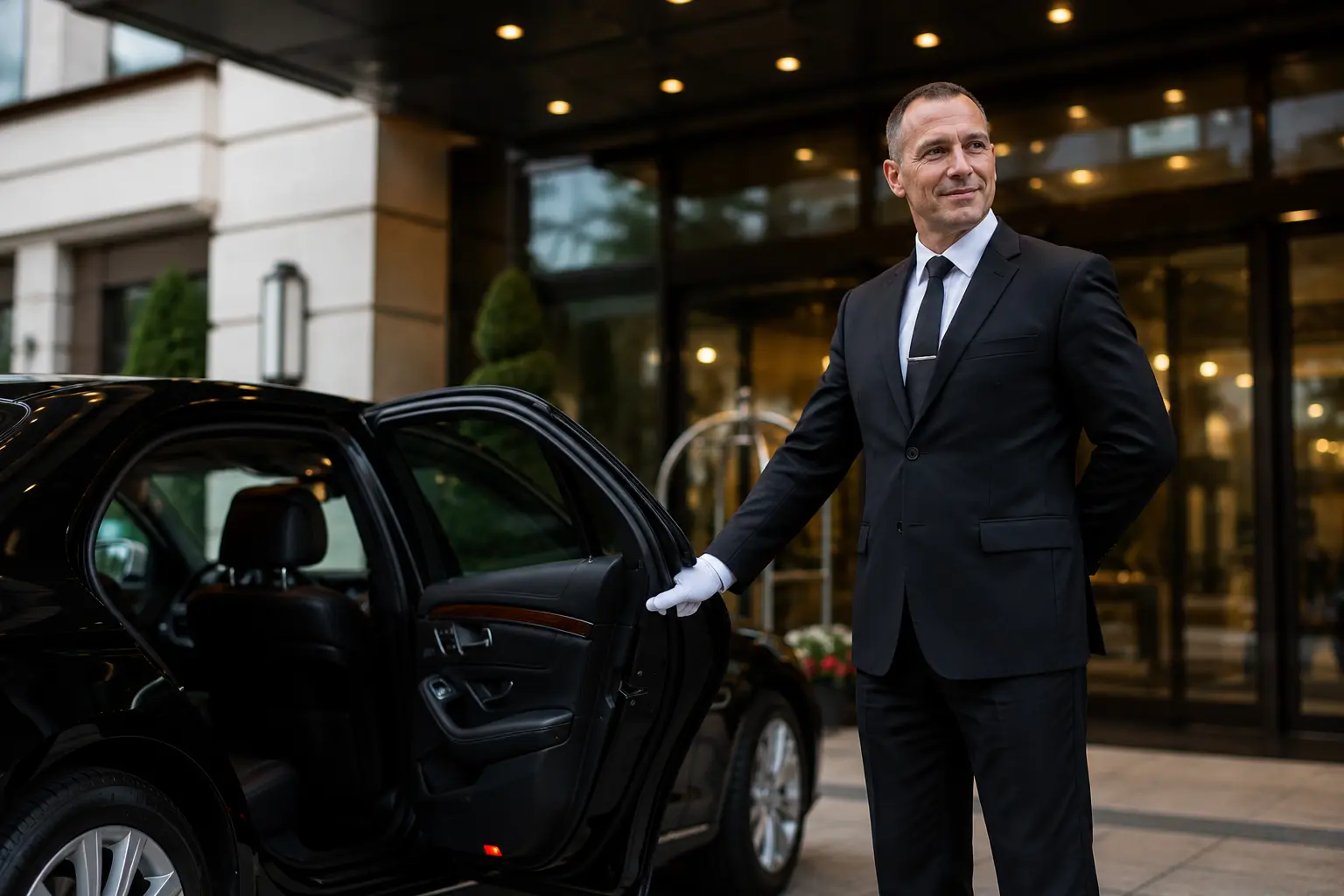 Professional chauffeur in suit and white gloves holding open a black car door outside a building.