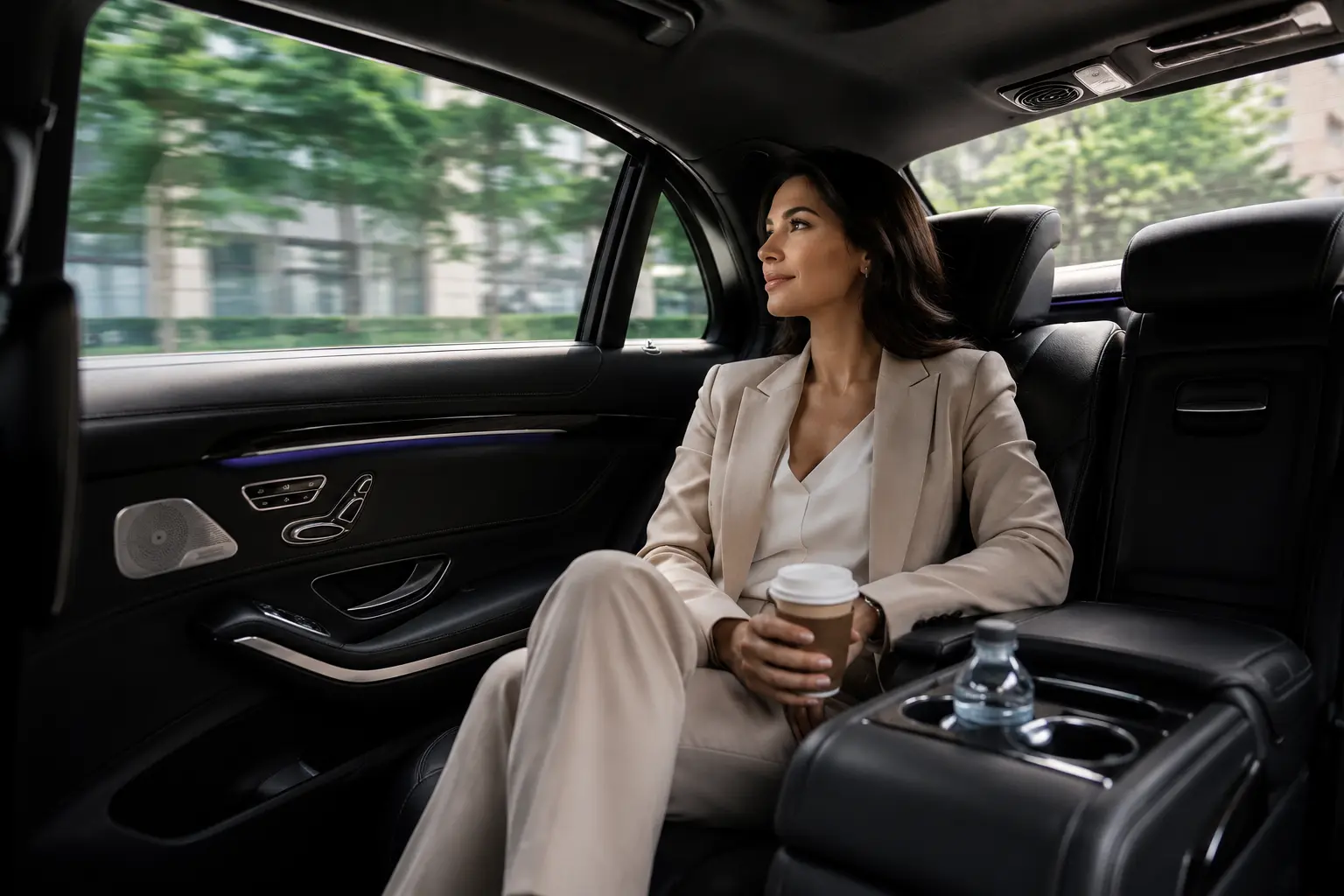 Woman in beige suit sitting in backseat of luxury car holding a coffee cup and looking out the window.