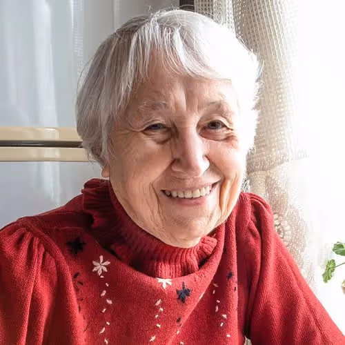 A woman wearing a red sweater with a white star pattern. - Wellinks Images