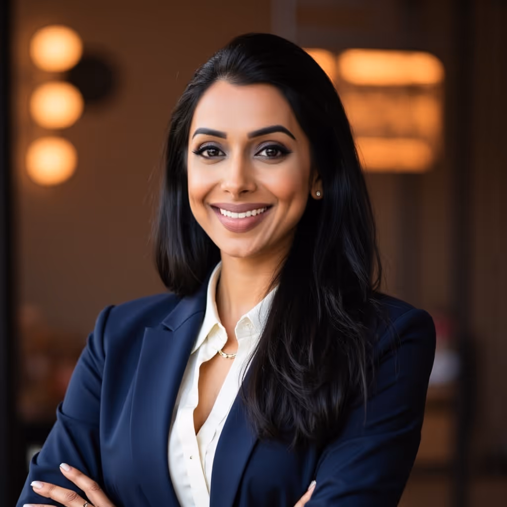 A woman wearing a blue suit and a white shirt. - Wellinks Images