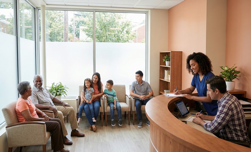 Diverse community members in a welcoming healthcare clinic waiting room in Silver Spring, Maryland