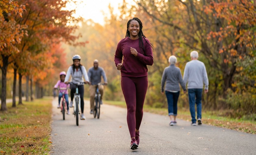A woman jogging on a scenic park trail in Montgomery County, Maryland with diverse community members in the background