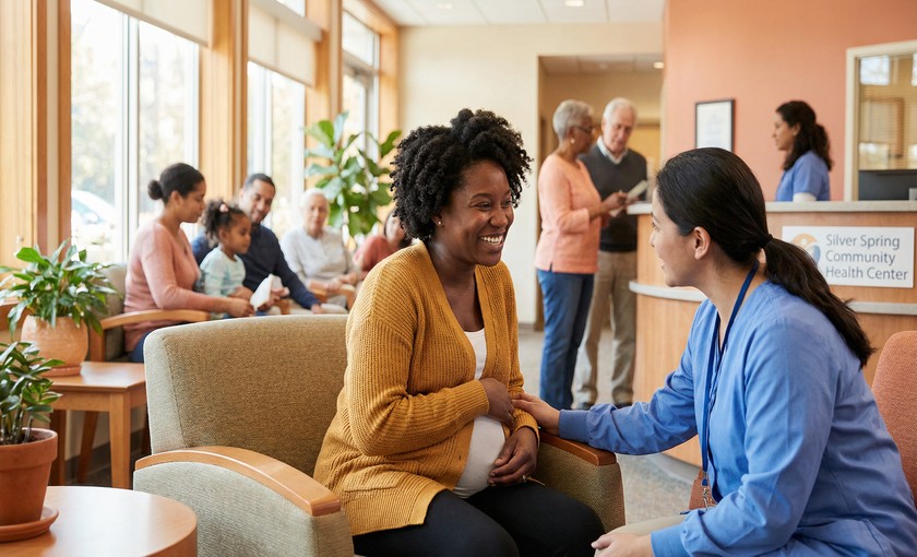 A Black pregnant woman smiling and speaking with a compassionate healthcare provider at a community health clinic in Silver Spring, Maryland