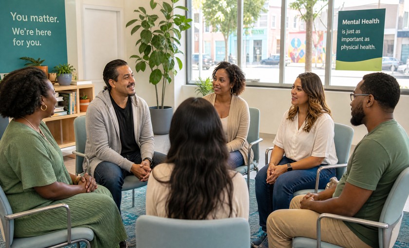 Diverse community members in a mental health support group in Silver Spring Maryland