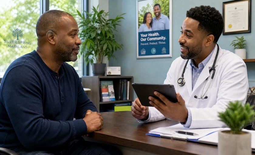 A man meeting with his doctor for a preventative health check-up in Silver Spring Maryland