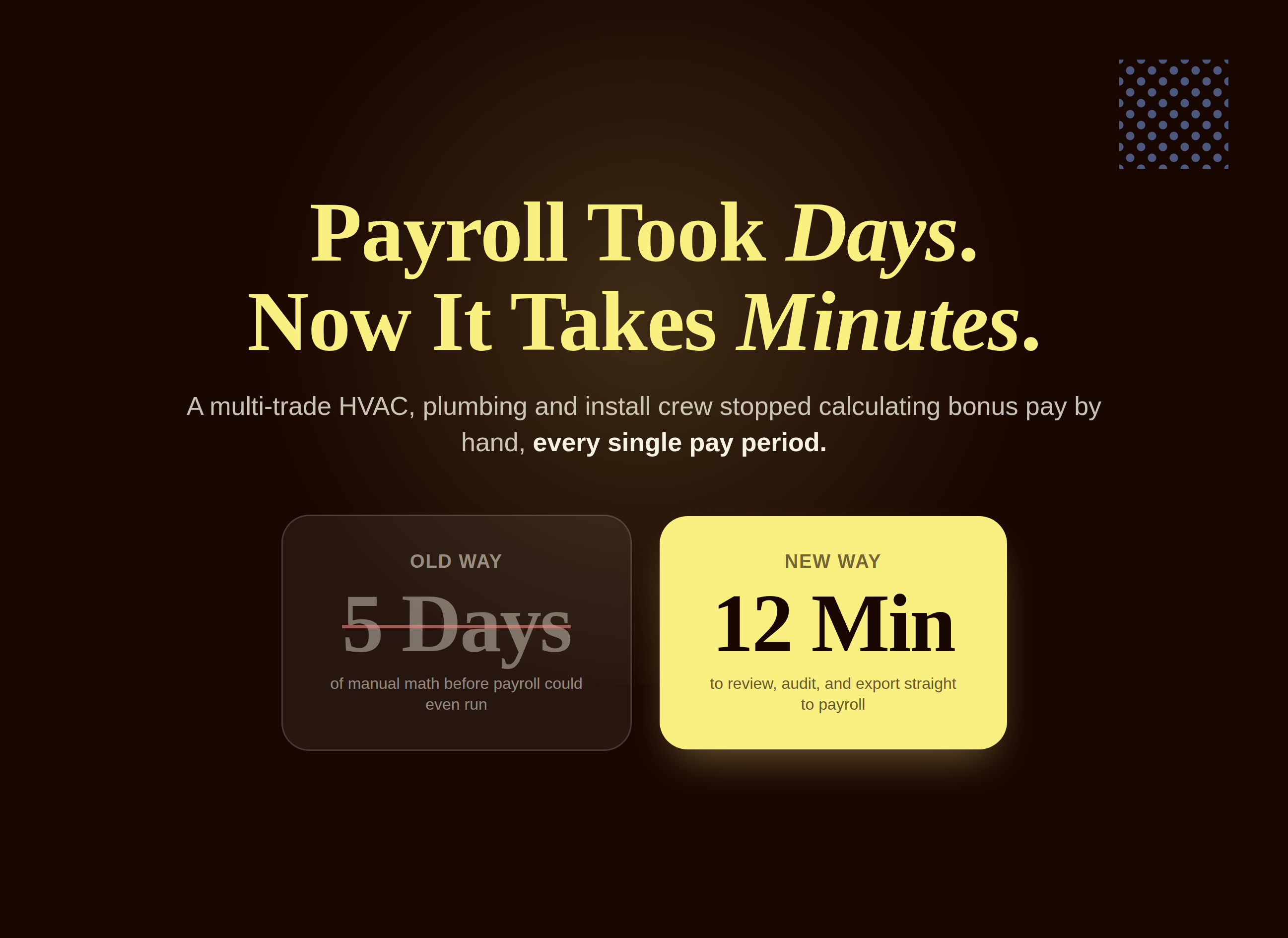 Payroll took days, now it takes minutes: before and after panel for an HVAC company's automated technician bonus pay