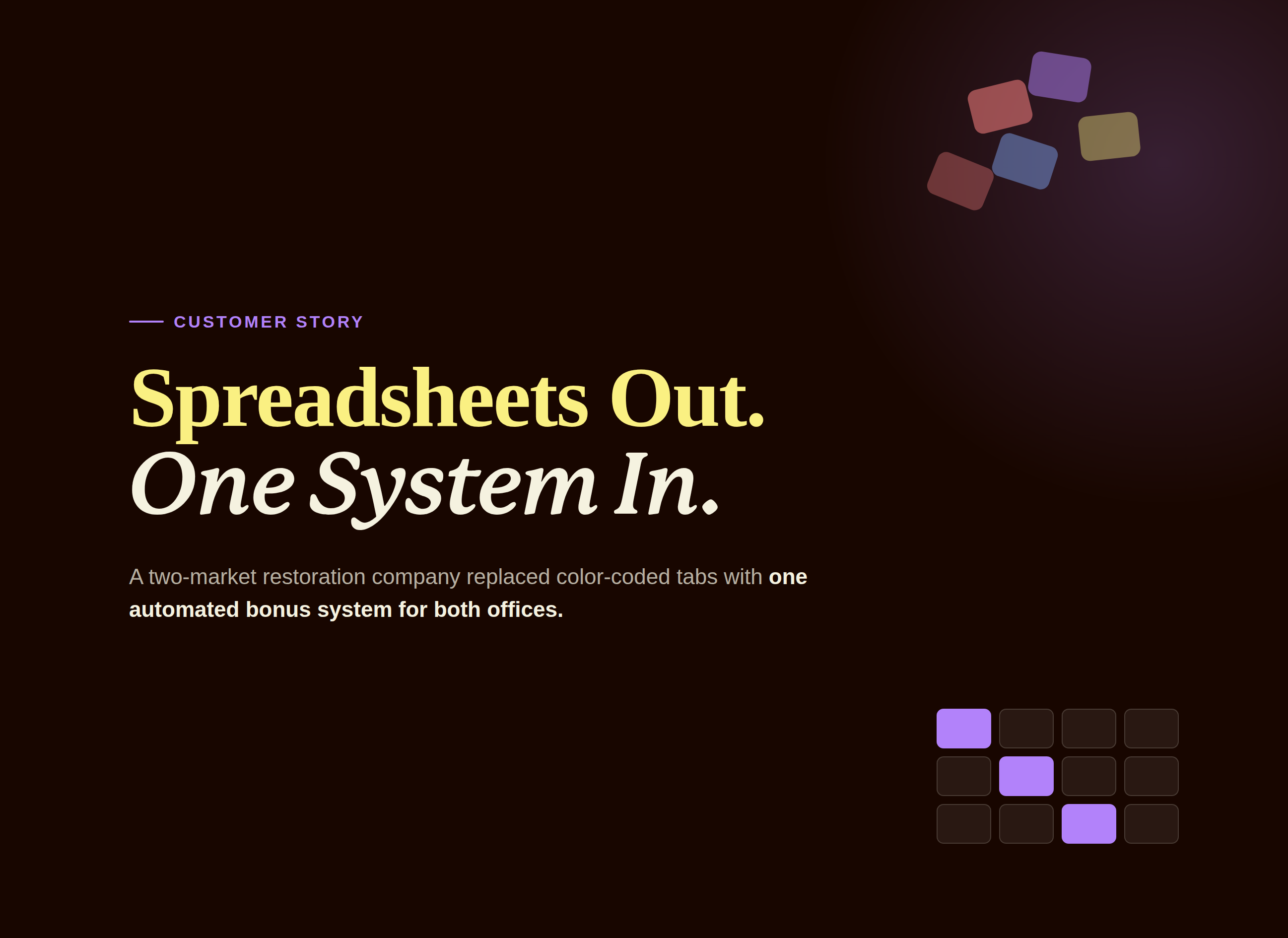A restoration company replaces color-coded spreadsheets with one automated bonus plan