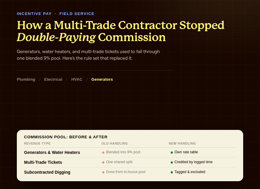 Headline card showing a multi-trade contractor's old blended 9% commission pool versus the new carved-out structure for generators, multi-trade jobs, and subcontracted work