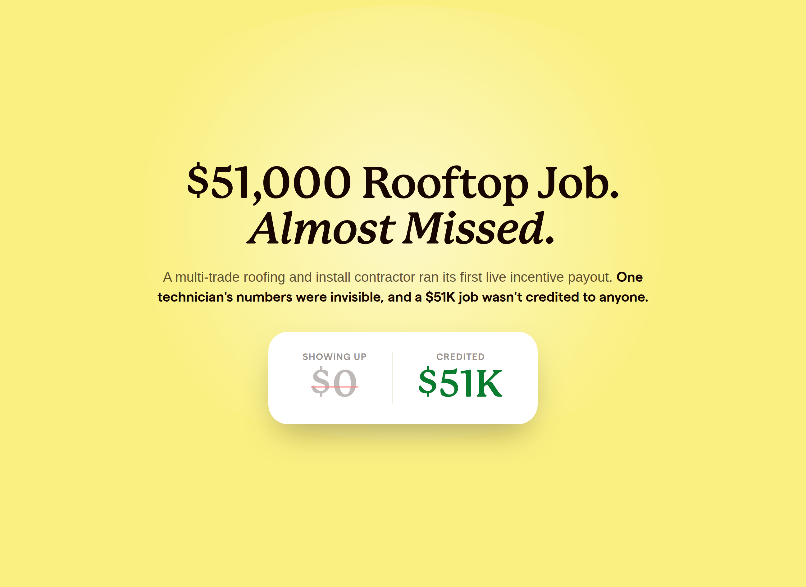 Headline card showing a fifty-one thousand dollar rooftop job move from showing up as zero to being credited