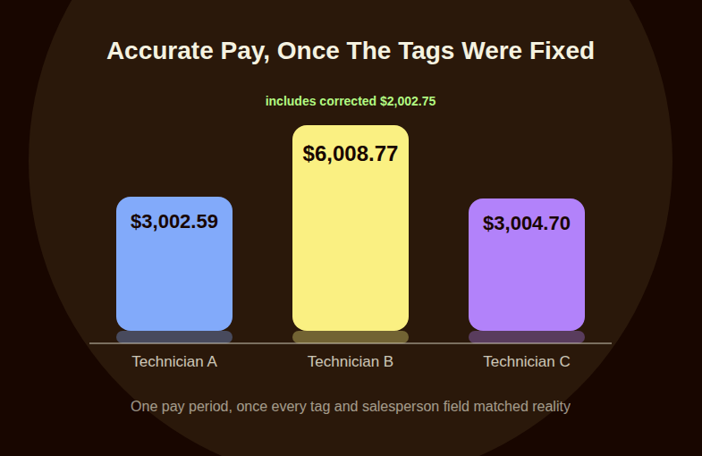 Bar chart of three technician payouts, $3,002.59, $6,008.77, and $3,004.70, after tagging and attribution errors were corrected