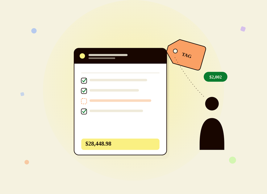 Editorial illustration of a work order missing its sale tag, with the tag breaking away toward a technician and a corrected $2,002 commission, preview