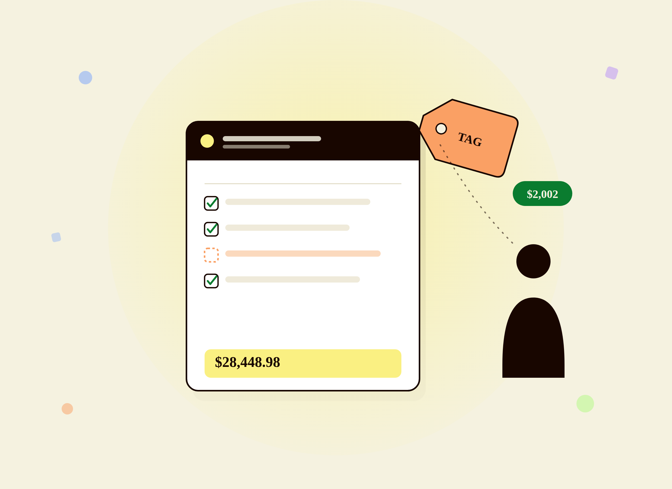 Editorial illustration of a work order missing its sale tag, with the tag breaking away toward a technician and a corrected $2,002 commission