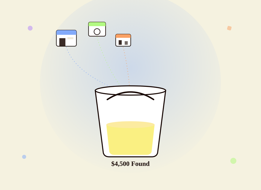 Editorial illustration of storefront and recurring accounts pouring into a bucket bonus, revealing $4,500 in revenue the report had missed, preview