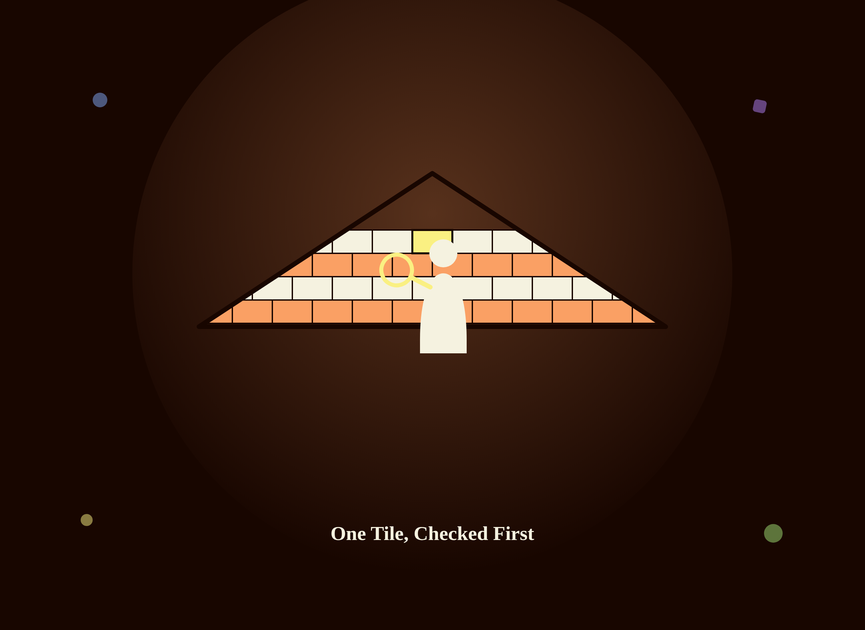 Editorial illustration of a shingled roof with one highlighted tile being inspected by a technician with a magnifying glass before a full crew rollout, preview