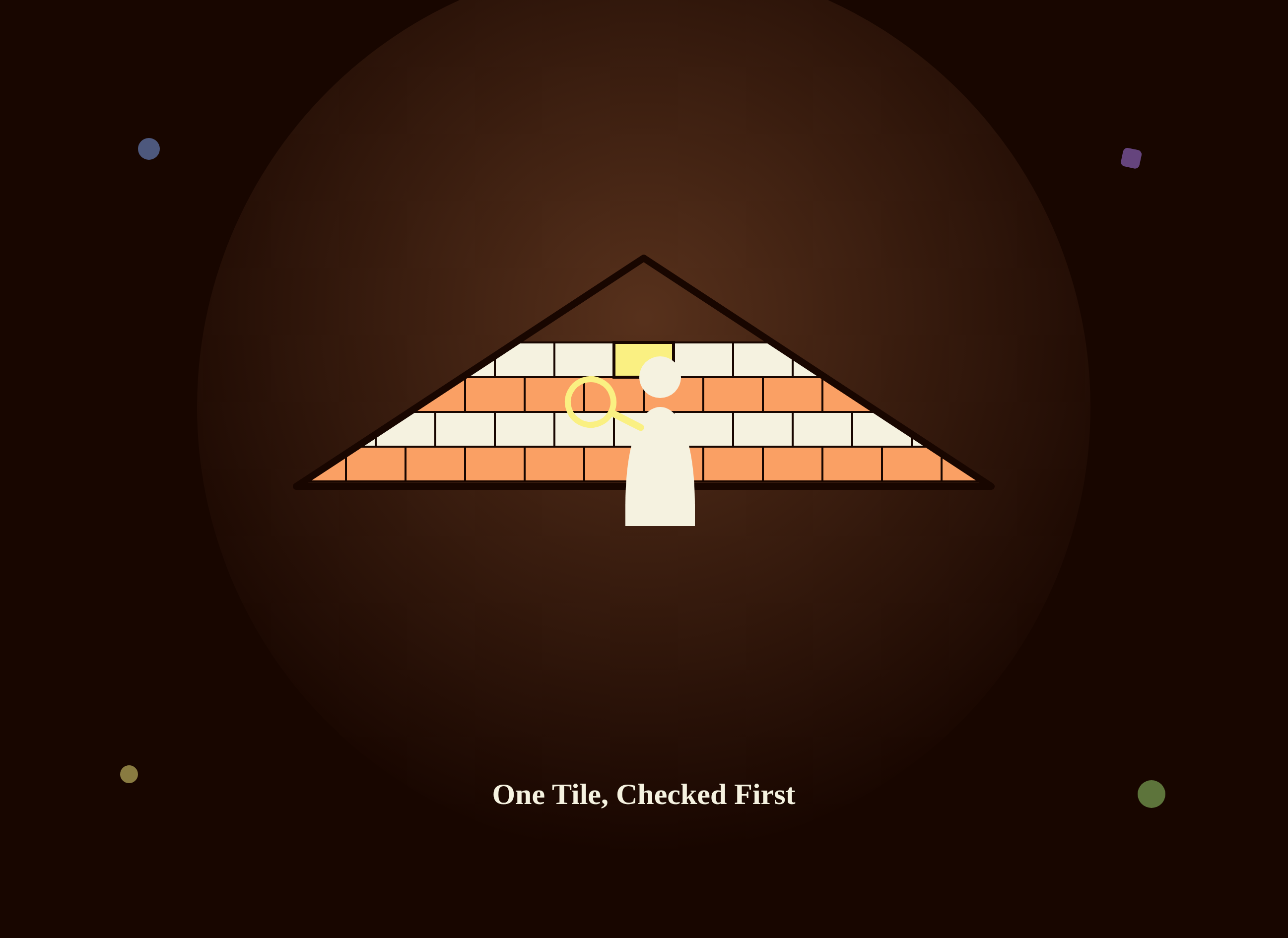 Editorial illustration of a shingled roof with one highlighted tile being inspected by a technician with a magnifying glass before a full crew rollout