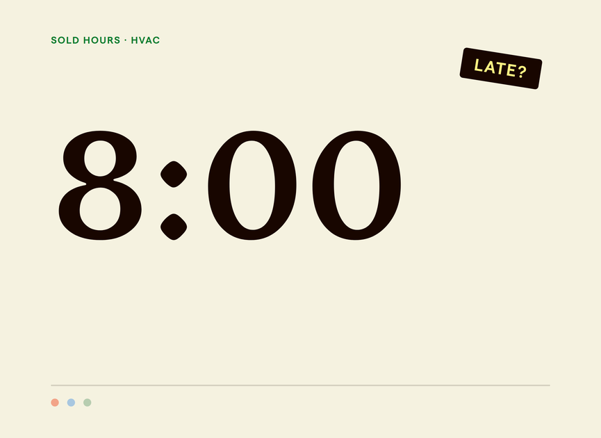 Large 8:00 clock graphic with a LATE stamp representing a rigid HVAC on-time arrival bonus cutoff