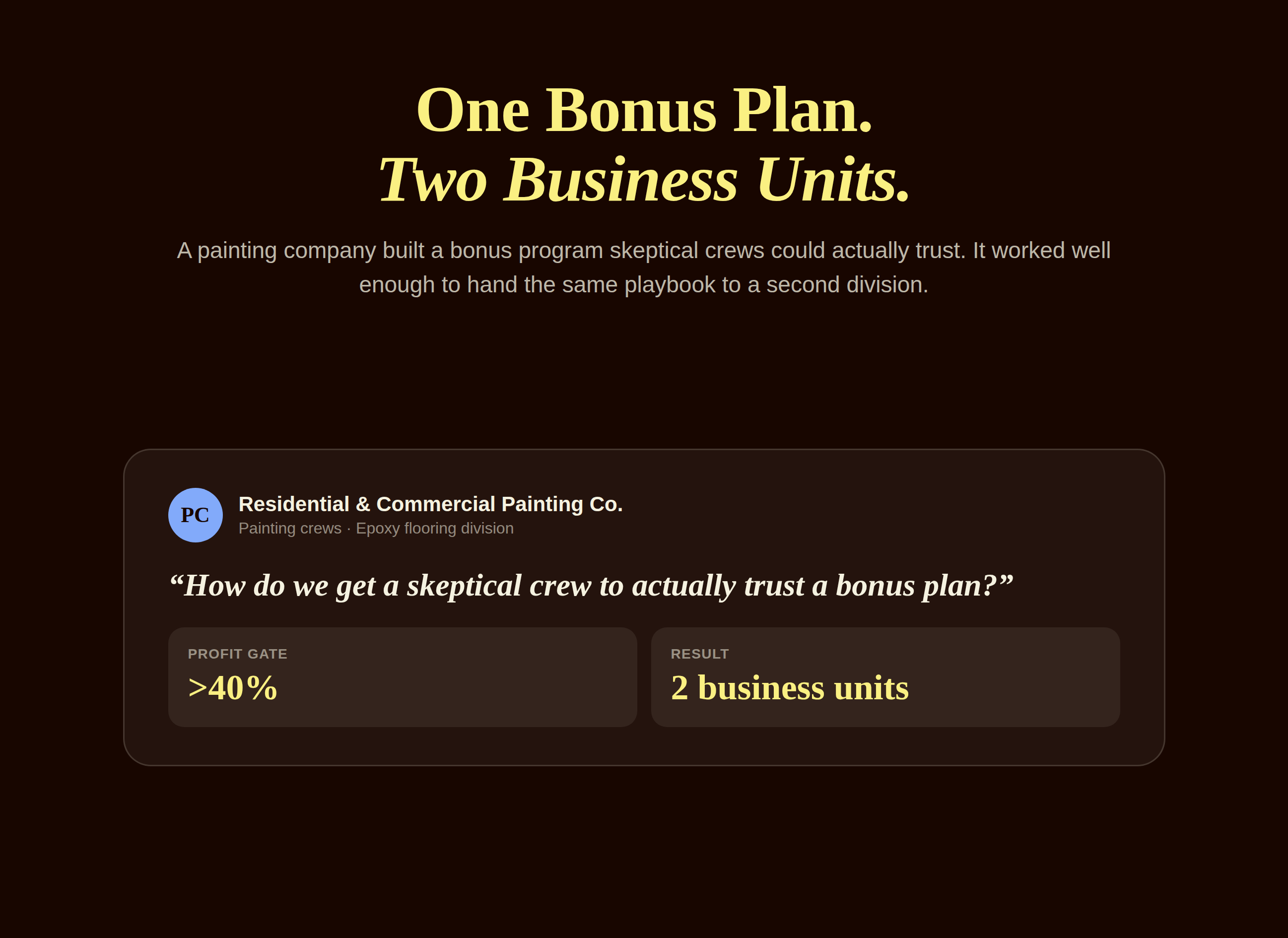 Quote card for a painting and epoxy flooring company showing a 40 percent gross profit gate and expansion to two business units