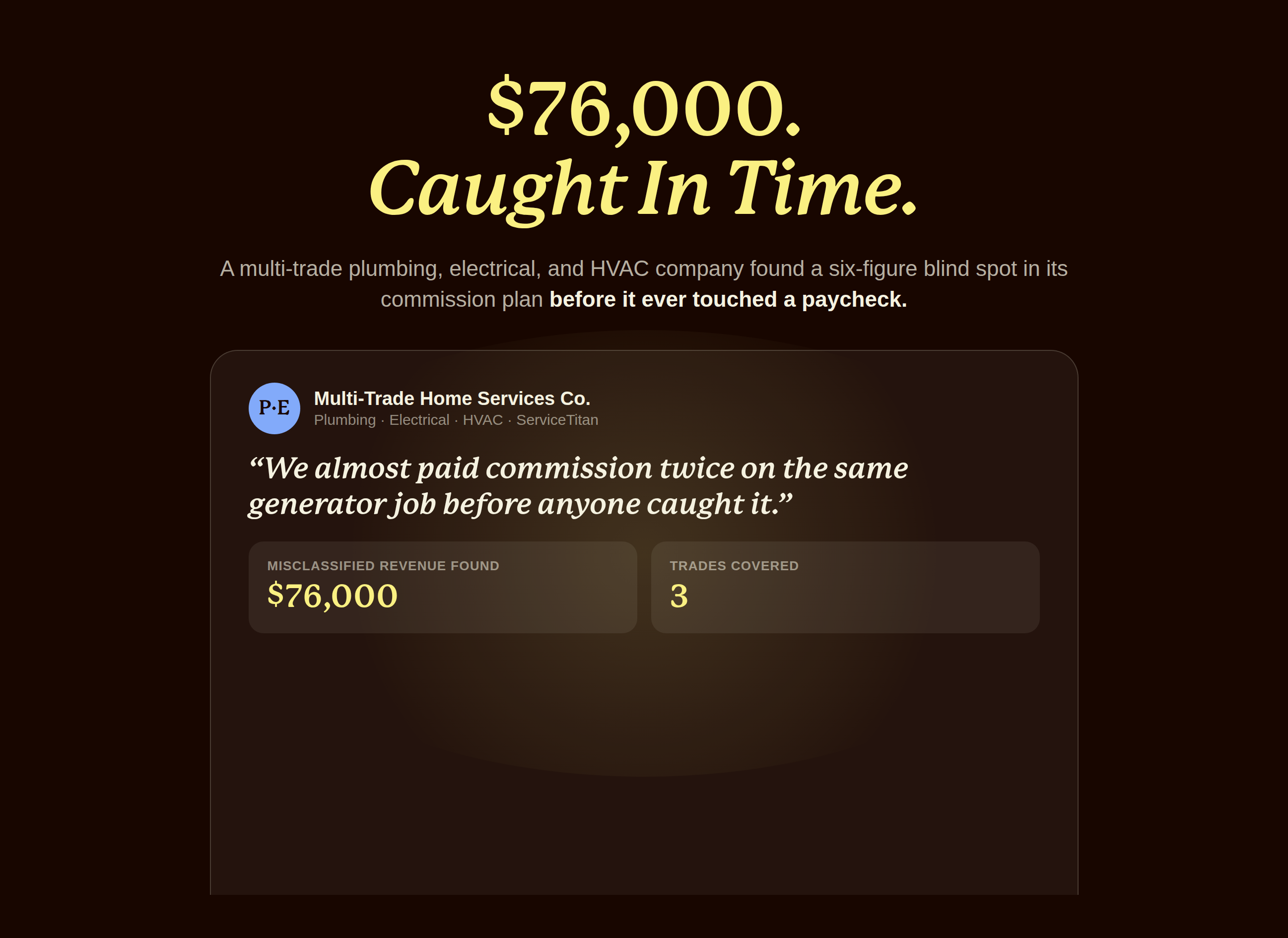 Profile card for a multi trade plumbing electrical and HVAC company showing seventy six thousand dollars in misclassified commission revenue found and corrected