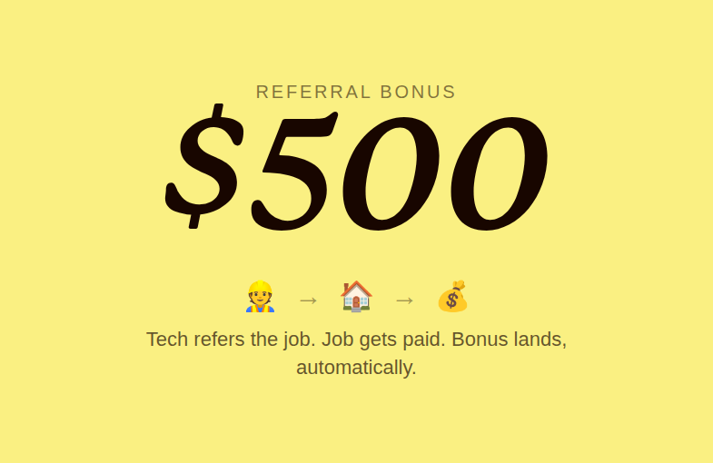 Referral bonus stat card showing five hundred dollars and the flow from technician to customer to payout