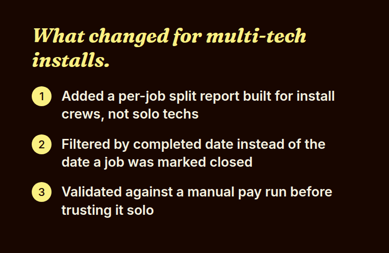 Checklist of what changed for multi technician install jobs after the split calculation was fixed