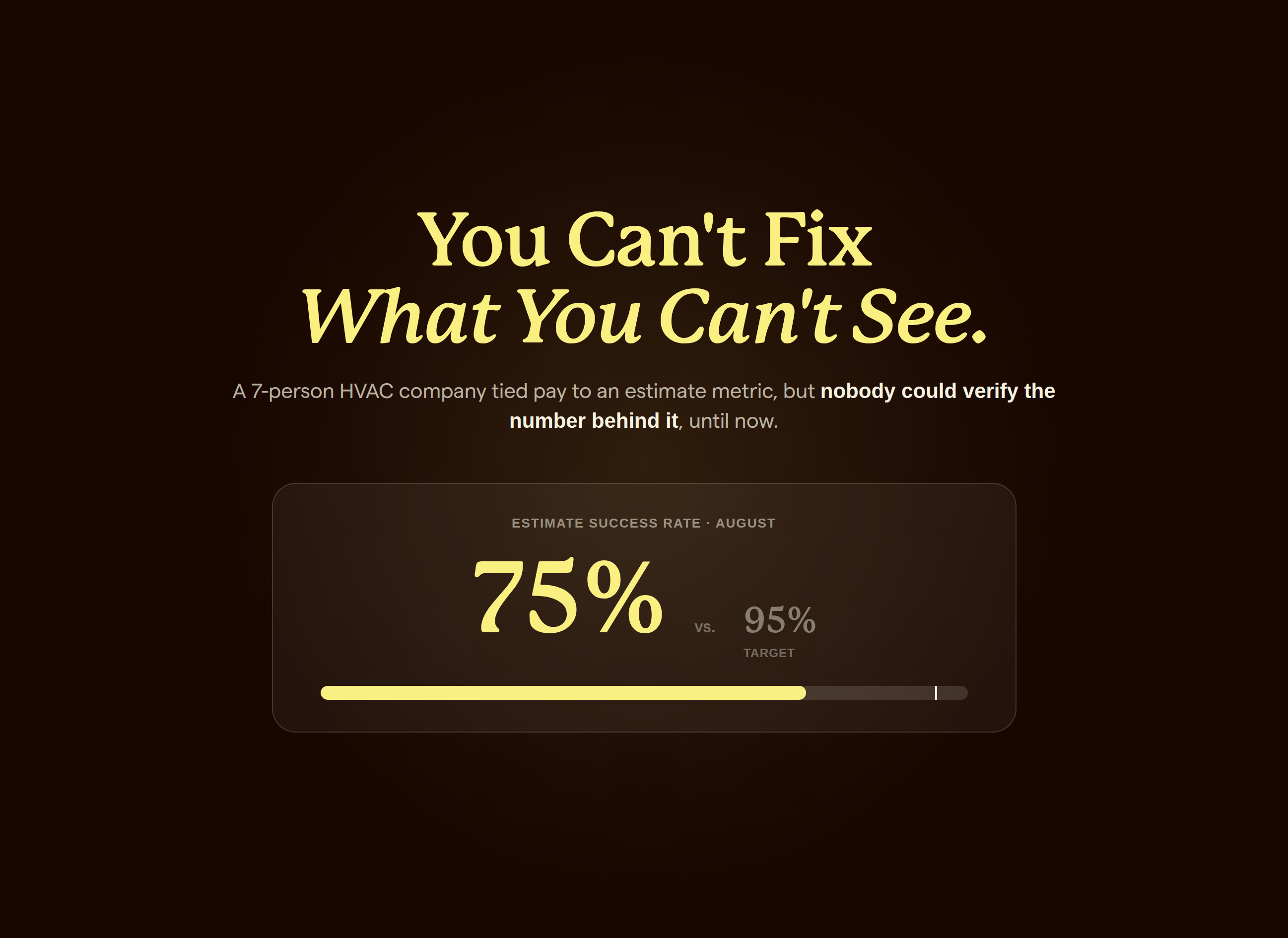 A stat card showing a 75 percent estimate success rate falling short of a 95 percent pay-linked target, illustrating a hidden performance metric now made visible.