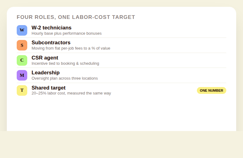 Flat per-job subcontractor rates compared to a percentage-based structure tied to a 20 percent labor-cost target