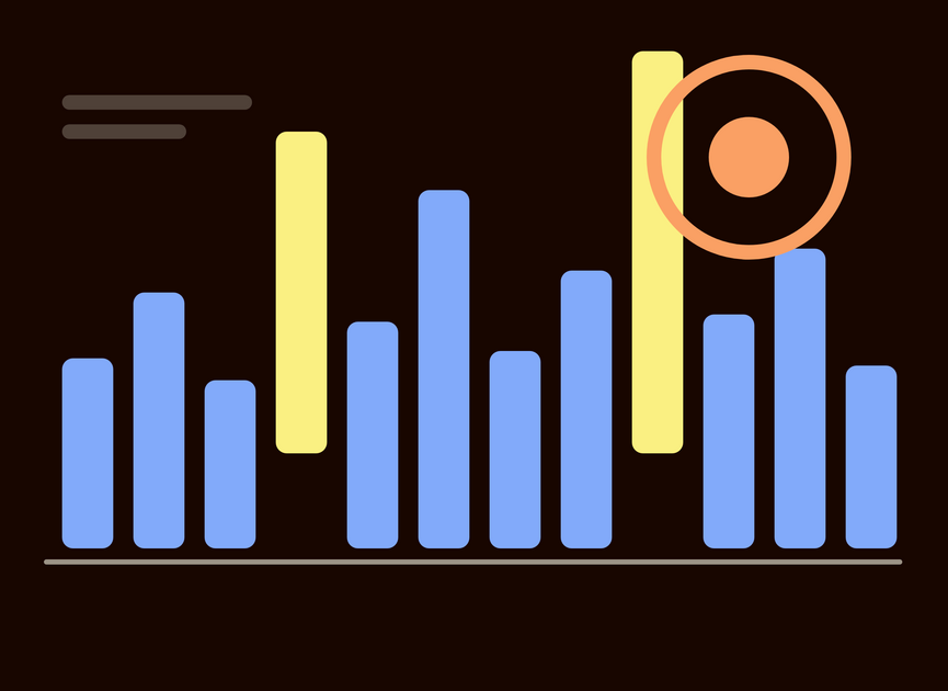 Abstract bar chart with two highlighted columns lifted out of a row