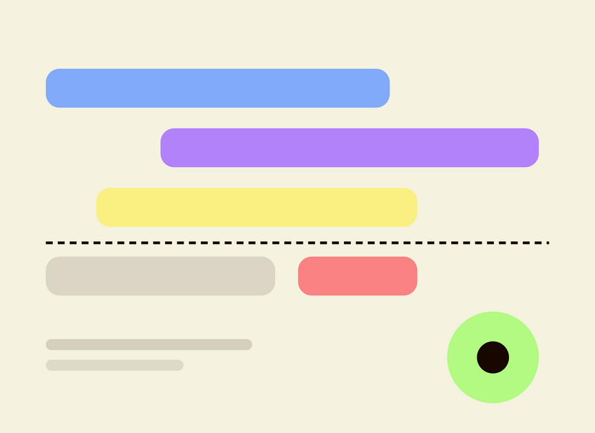 Abstract overlapping project timeline bars with one negative bar below a dashed baseline