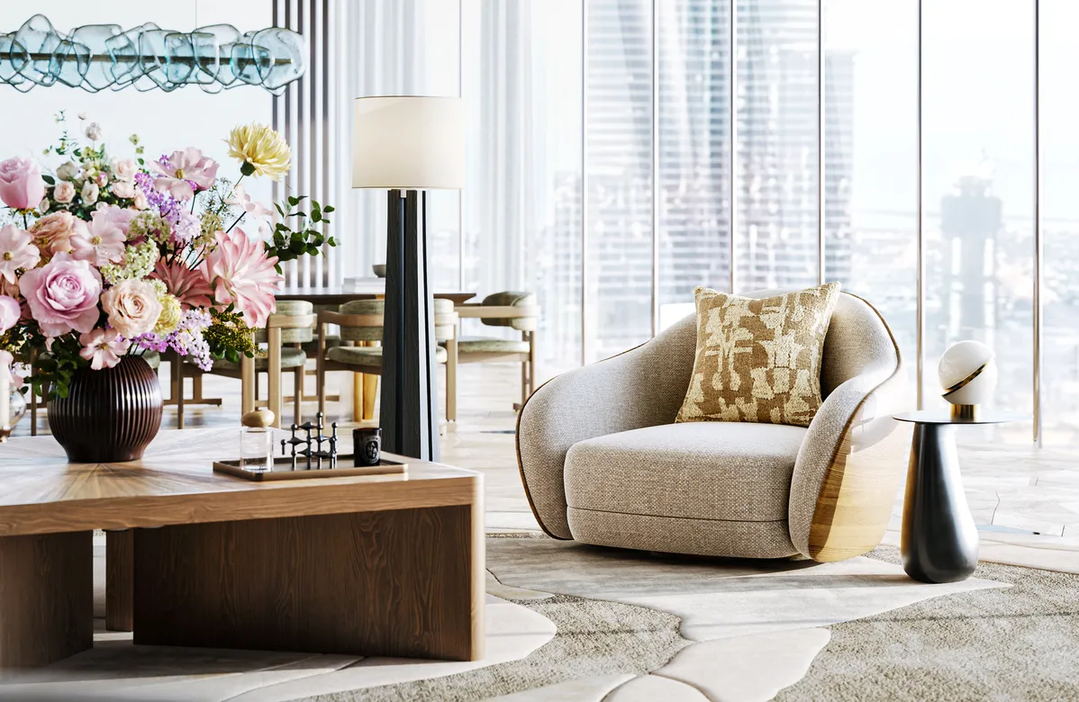 A close-up of the luxurious living room, focusing on a cozy armchair and a vase of flowers on a wooden coffee table. This highlights how 3d furniture rendering services can create intimate and detailed renderings of interior decor elements.