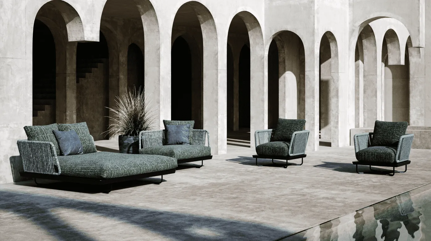 A set of modern outdoor furniture with green cushions, placed in front of an elegant building with arched openings. This showcases the capabilities of a 3d furniture rendering company in creating realistic and detailed outdoor furniture designs.