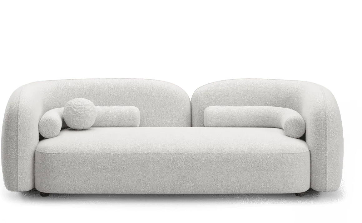 A sleek, contemporary white sofa with rounded edges and cylindrical cushions, set against a black background. This emphasizes the expertise of a 3D furniture rendering company in rendering minimalist and elegant furniture designs.