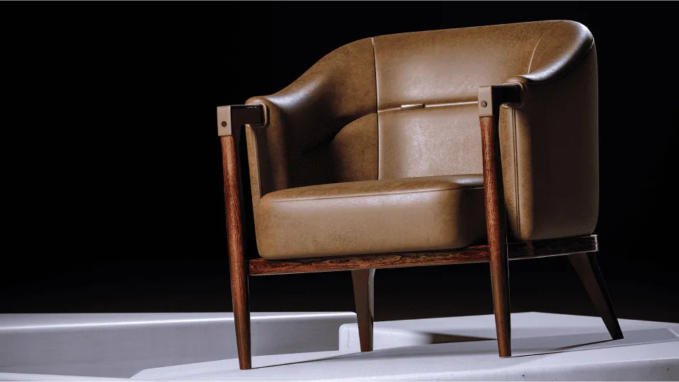 The same red armchair, now fully rendered with brown leather upholstery and wooden legs, highlighting the finished product. This showcases the proficiency of a furniture 3d rendering company in delivering detailed and attractive final visuals.