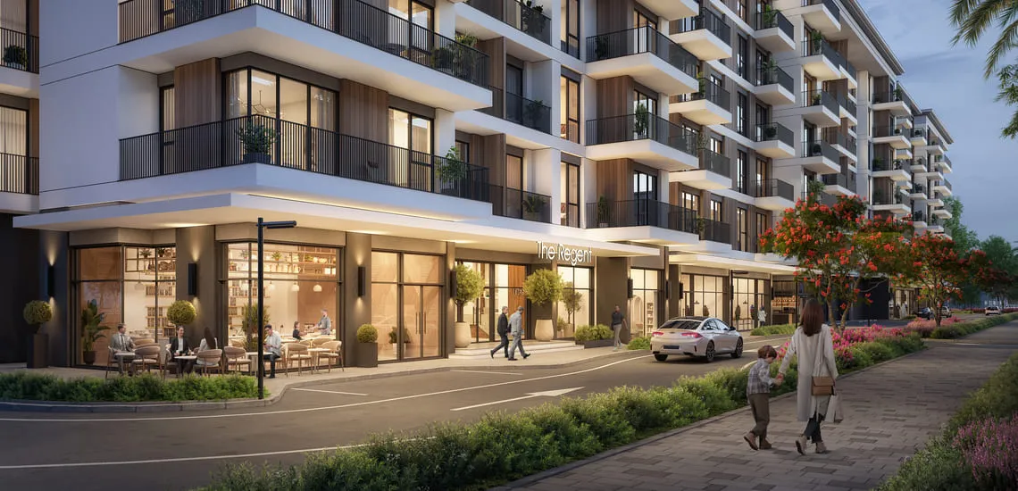 3D architectural visualization of residential complex in Dubai.