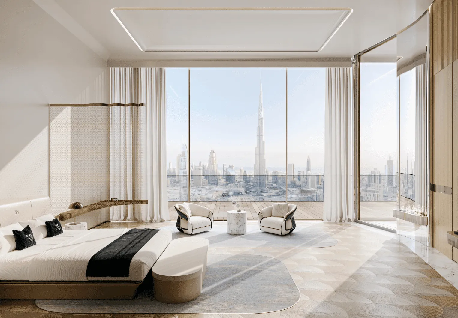 The bedroom 3D rendering for real estate company Binghatti.