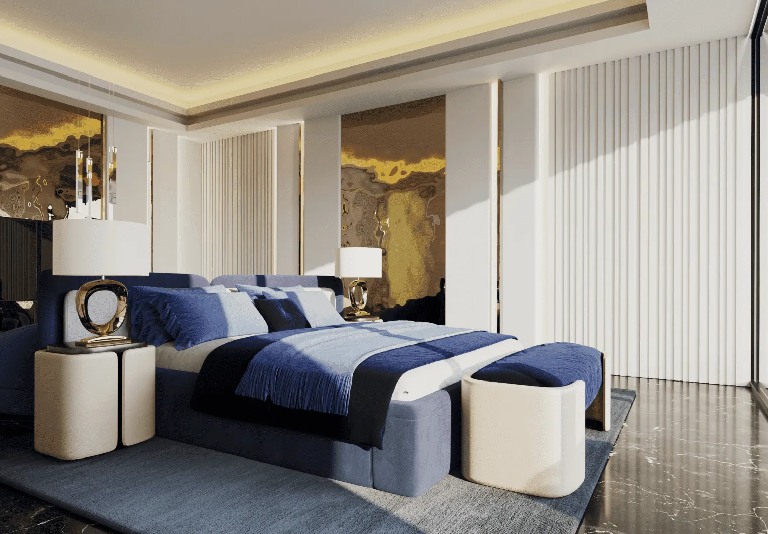 The bedroom 3D rendering for real estate company Binghatti.