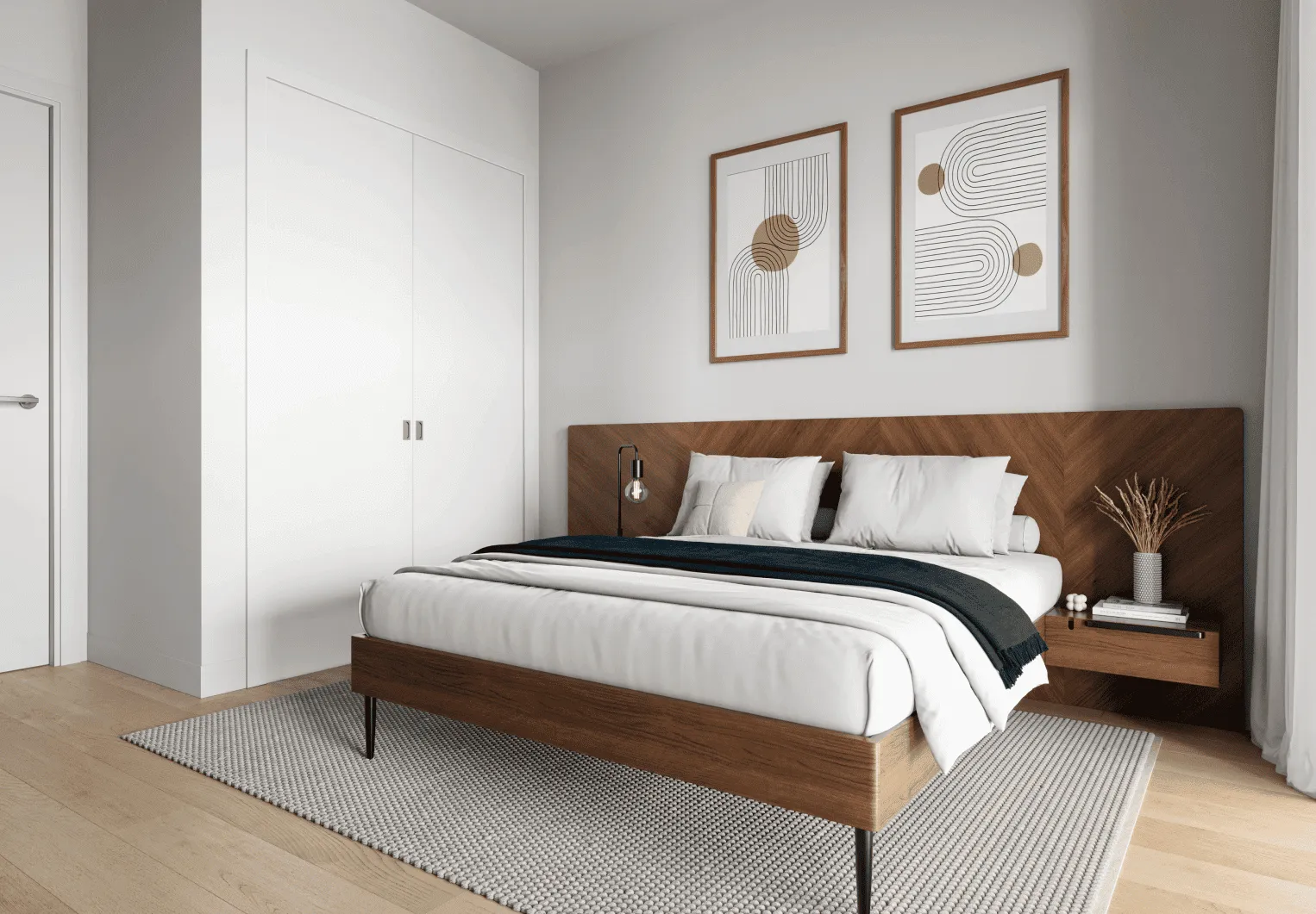 The example of simple bedroom 3d rendering.