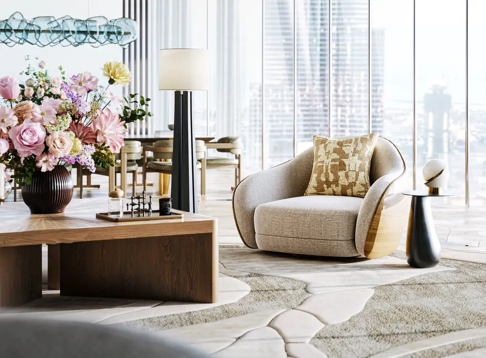 The example of weaving specific cultural elements in Luxury Furniture 3D rendering.