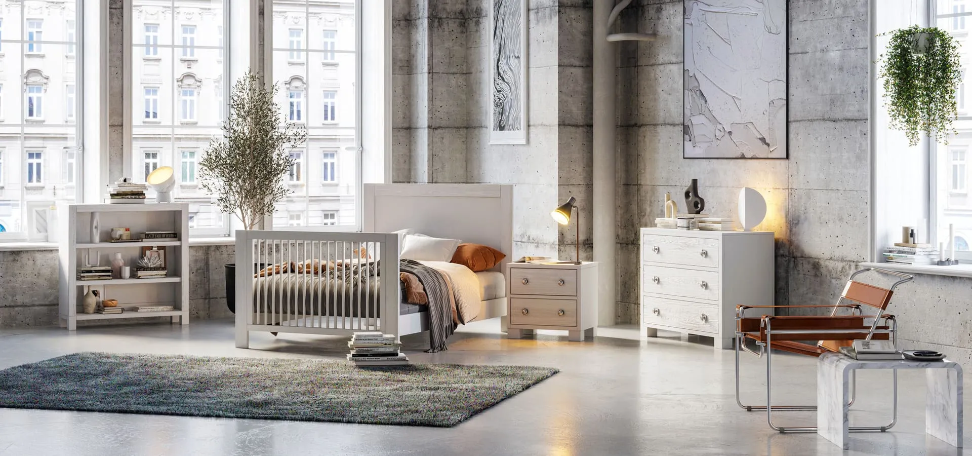 A modern bedroom with minimalist decor featuring a white crib, nightstand, dresser, and bookshelf against a backdrop of large windows and concrete walls. This showcases the benefits of 3D product visualization in creating realistic and detailed room settings for interior design.