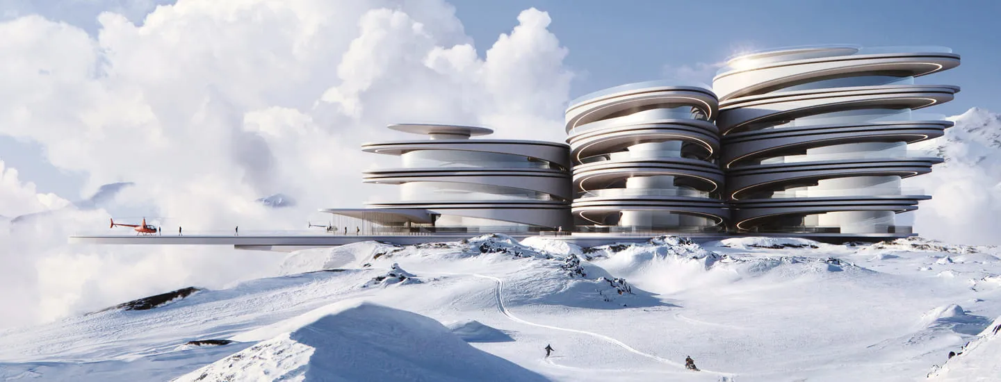 A futuristic hotel complex with circular, stacked structures situated on a snowy mountain, complete with a helipad. This illustrates the capabilities of hospitality 3D rendering in presenting innovative and avant-garde hotel designs in a visually compelling manner.