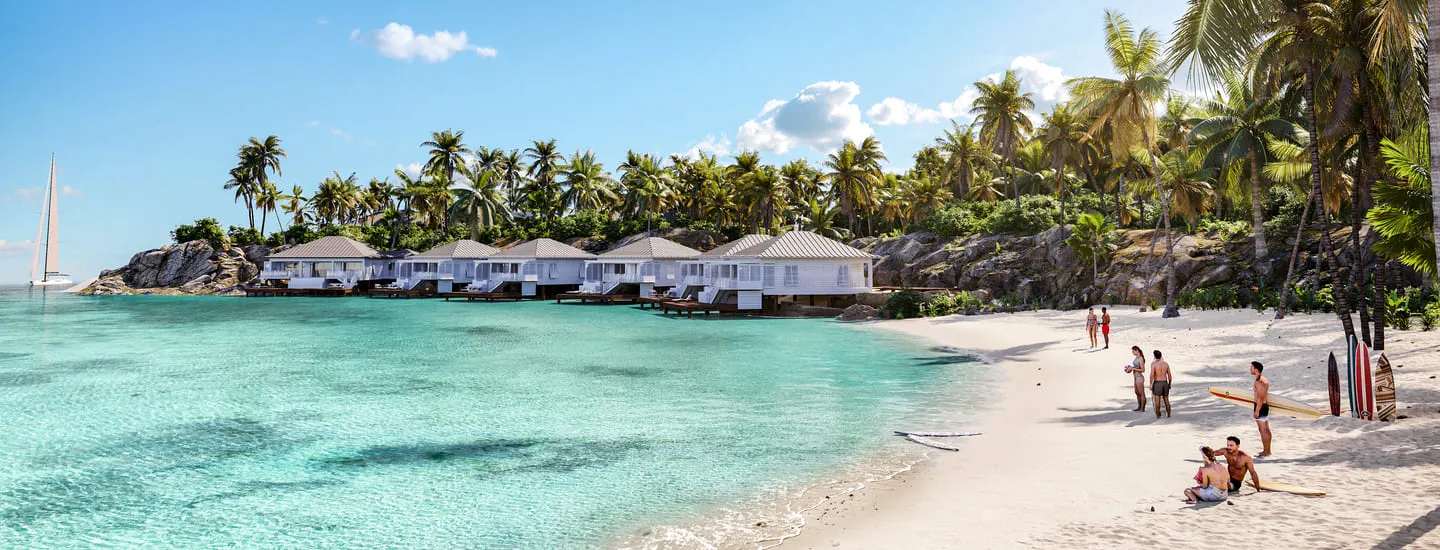 A serene tropical beach resort featuring overwater bungalows, clear turquoise waters, and lush palm trees. This highlights the use of hospitality 3D rendering to create realistic and inviting beach resort scenes that attract potential guests.