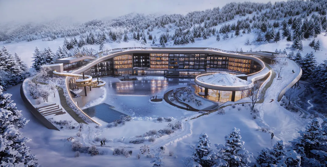 A luxurious, modern resort nestled in a snow-covered mountainous landscape, showcasing the main building with an intricate architectural design. This demonstrates the potential of hospitality 3D rendering to visualize complex structures and create stunning winter resort imagery.
